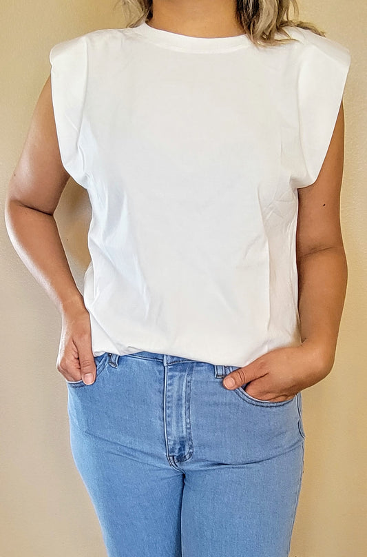 Padded Shoulder White T-Shirt