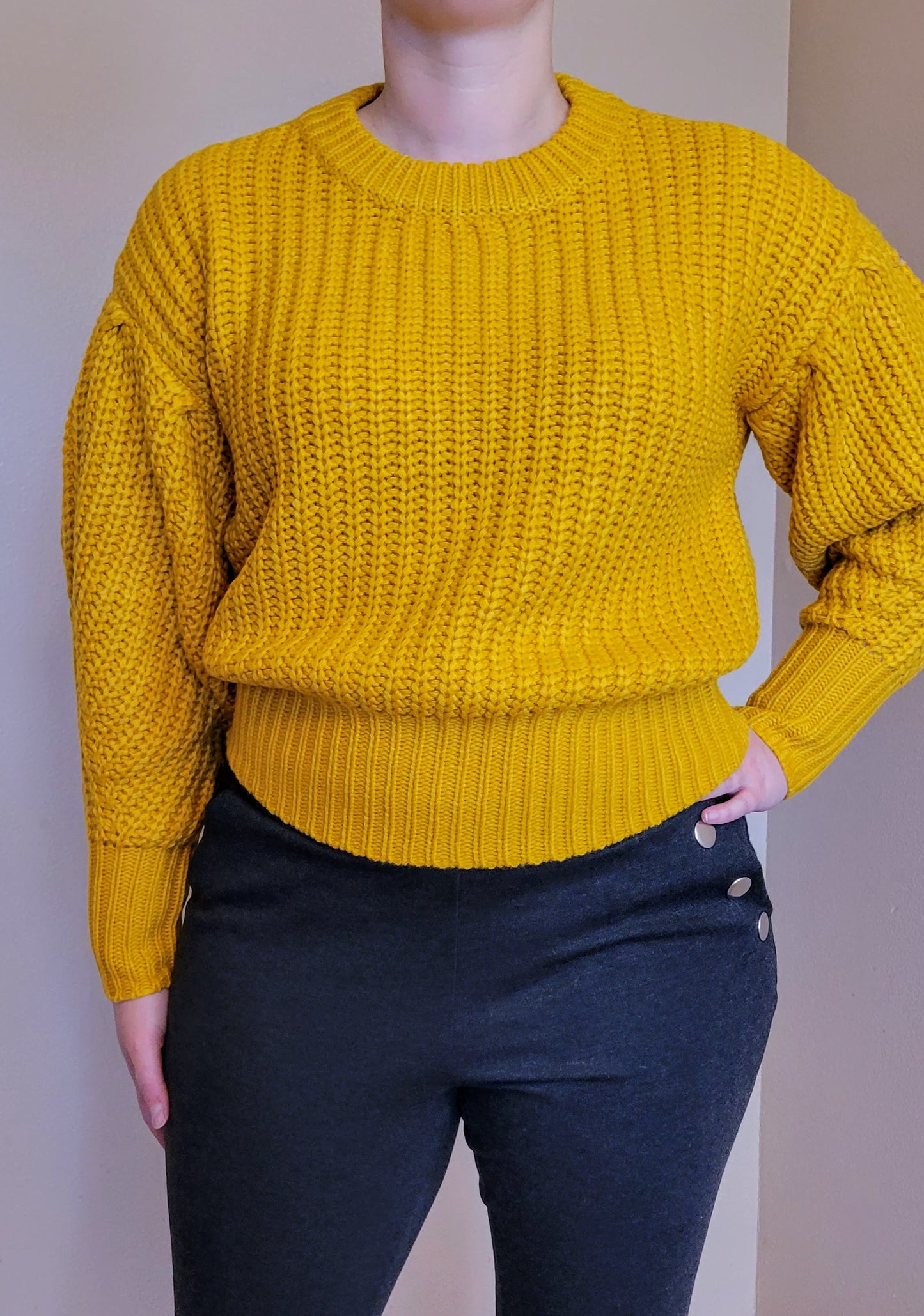 Mustard Balloon Sleeve Knitted Sweater