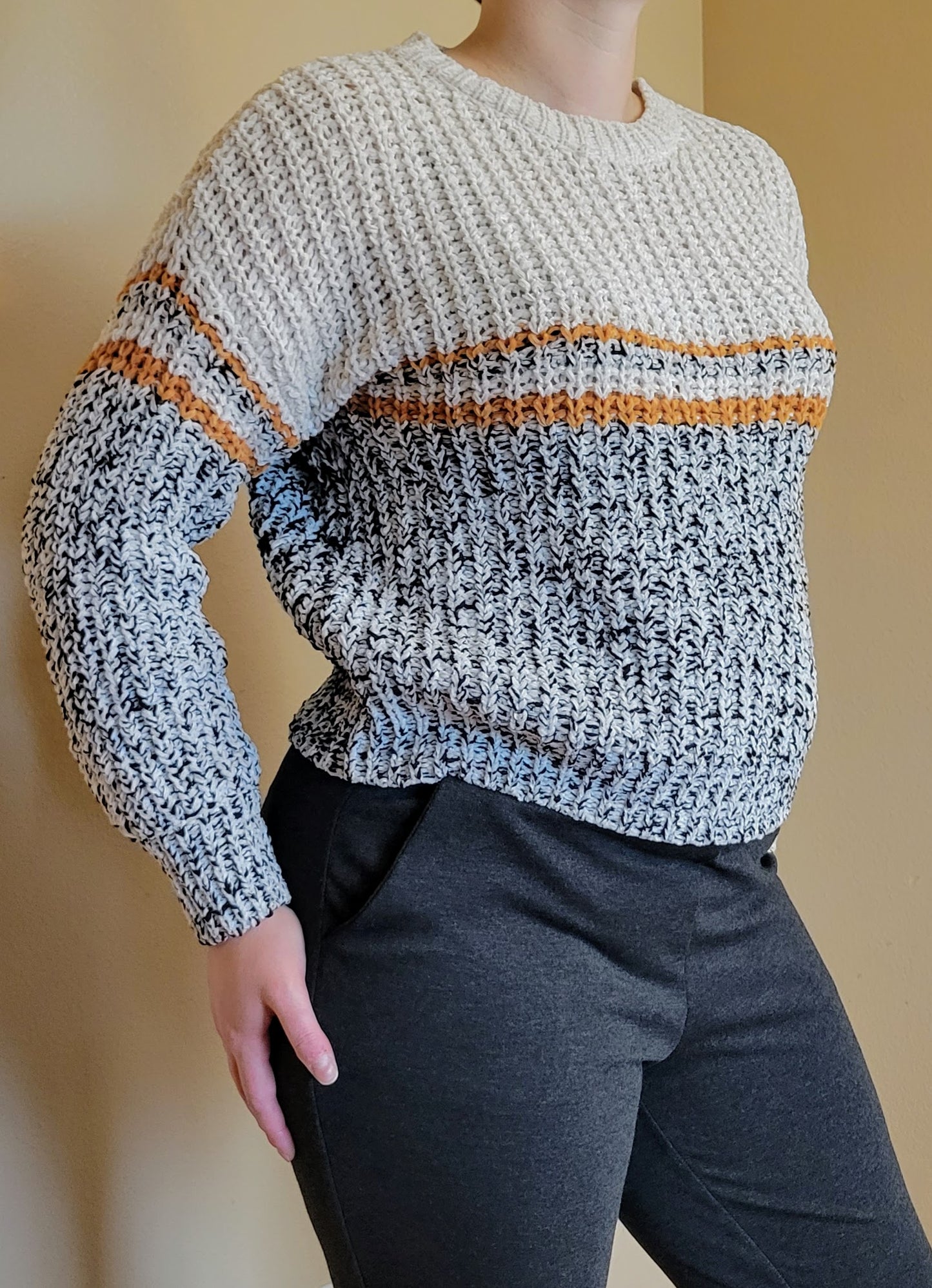 Grey and White Knitted Sweater